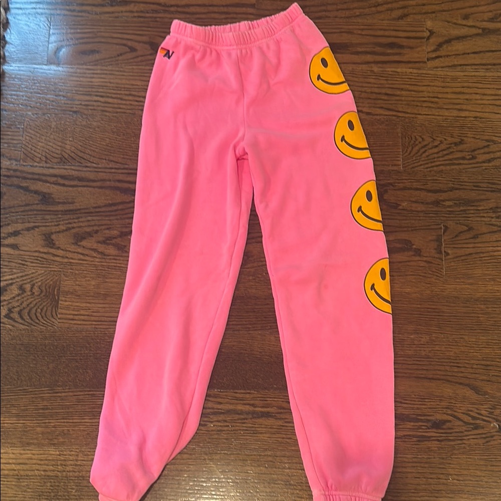 Kids aviator nation Pink Smile Face Joggers with Side Graphic size 12